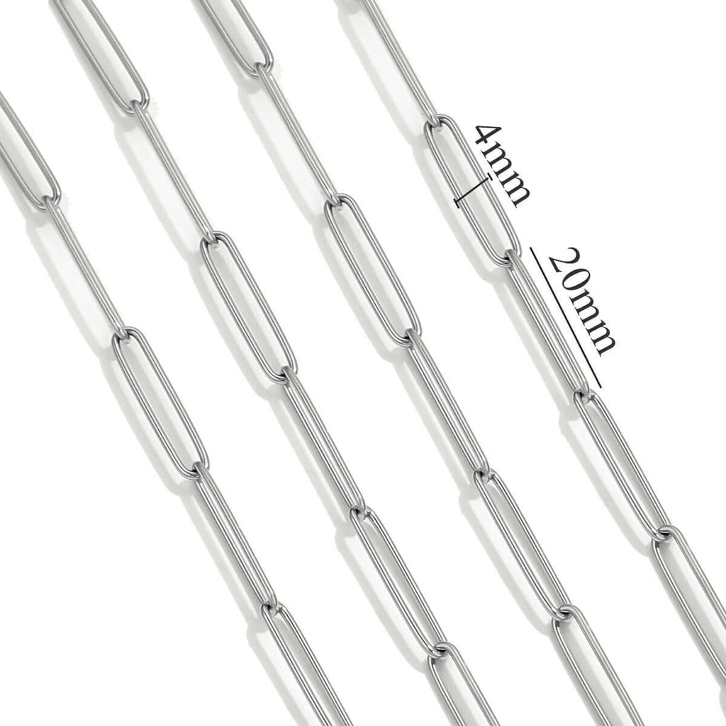 Elongated paperclip chain in stainless steel, measuring 4mm x 20mm, ideal for jewelry making.