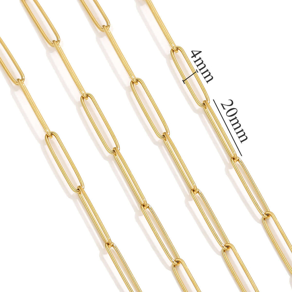 Elongated paperclip chain in waterproof gold, measuring 4mm x 20mm, ideal for jewelry making projects.