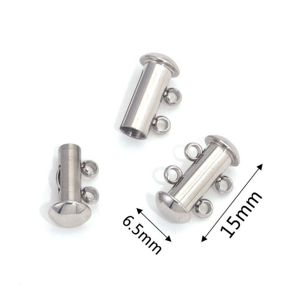 Three 2-hole magnetic slide clasps measuring 15mm x 6.5mm in silver, ideal for bracelet and necklace designs.