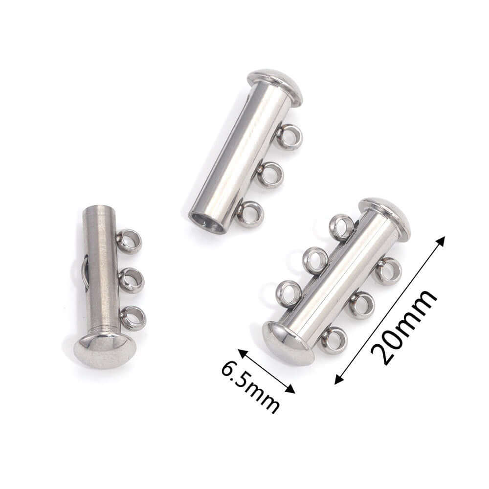3-Hole Magnetic Slide Clasps, 20mm x 6.5mm, in non-tarnish silver for jewelry making and layered designs.