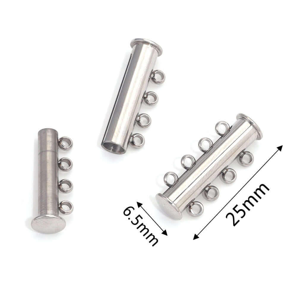 25mm x 6.5mm 4-Hole Magnetic Slide Clasps in non-tarnish silver, ideal for layered jewelry designs.