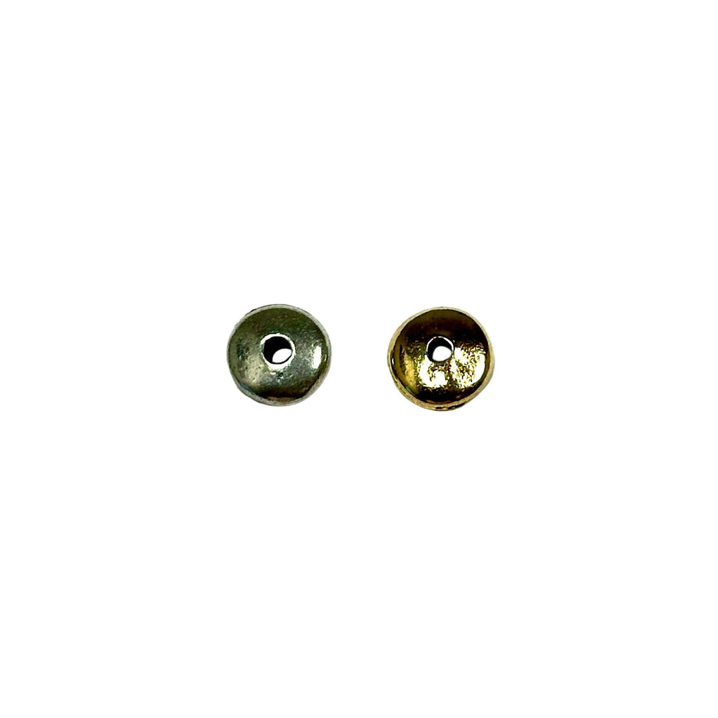 Two round metal beads on a white background