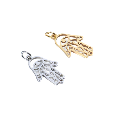 SSC6 13mm x 24.5mm Hand Hamsa Charm With Filigree Eye Styling Sold by the Piece Available in Stainless Steel and Waterproof Gold