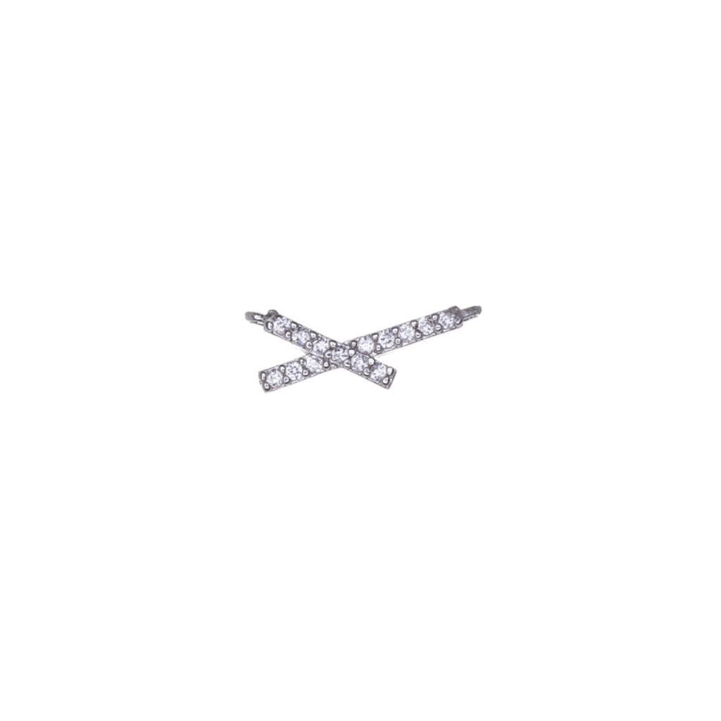 13mm x 5mm Inlaid Crystal 'X' Charm made from zinc, featuring 14 cubic zirconia crystals, available in silver and 18k gold finishes.